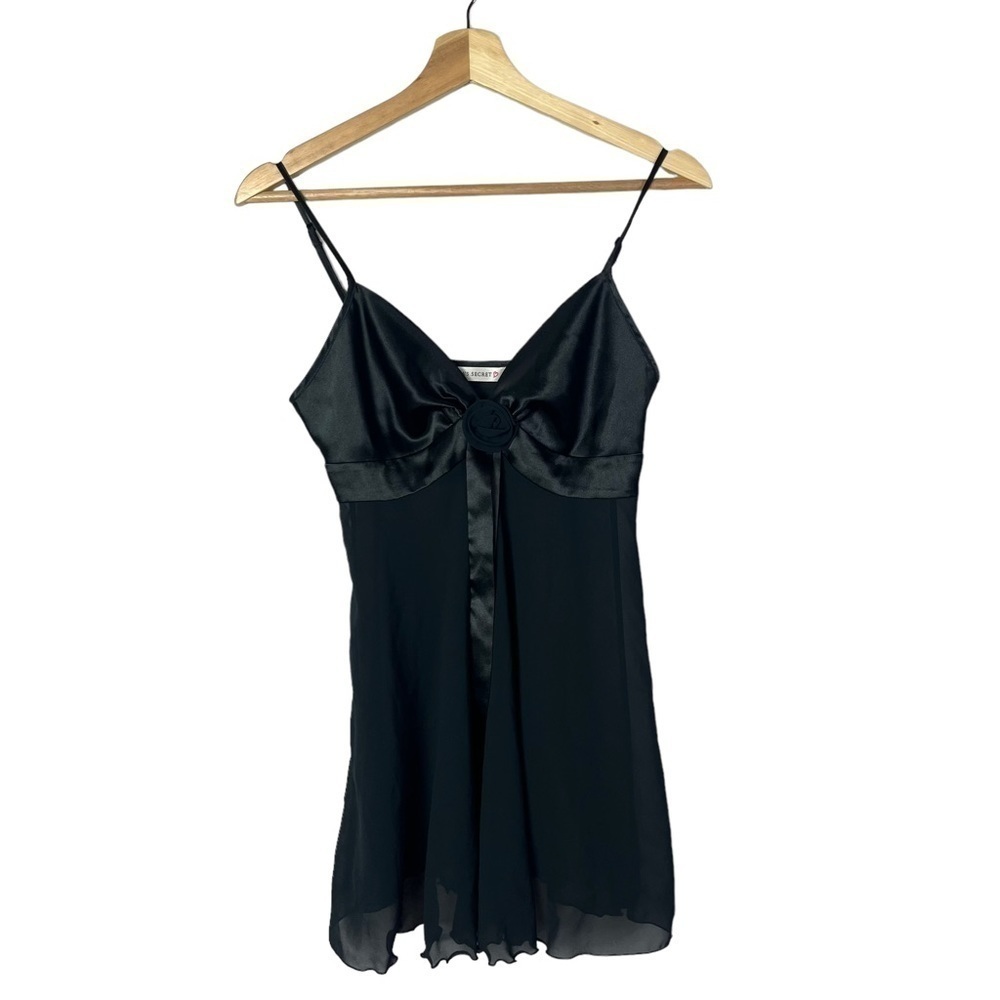 Victoria's Secret Black Satin Chiffon Rose Teddie Chemise Nightgown Slip XS
